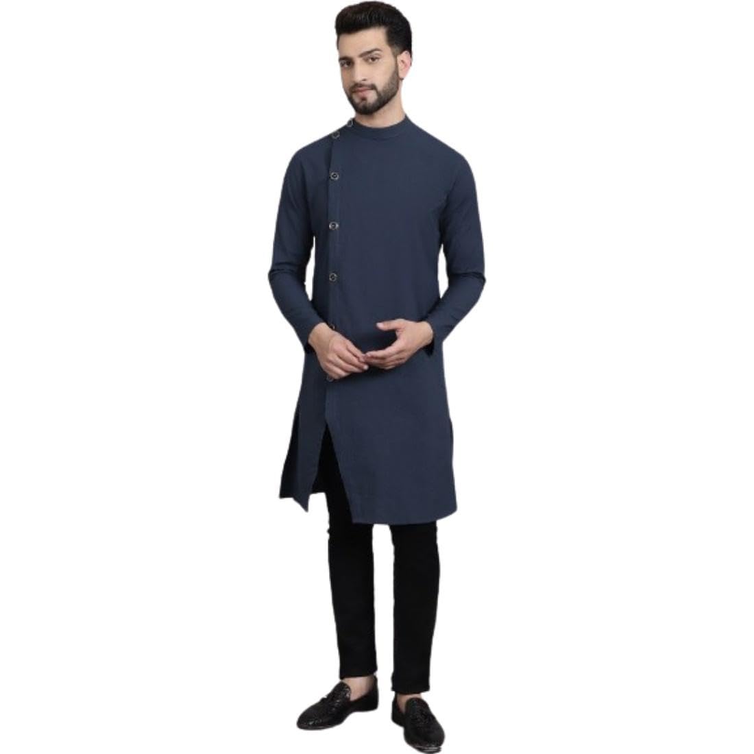 Men's Collection Ethnic Wear Cotton Regular Sherwani Kurta with Asymetrical CutSWC-STR1261-NV2C-P