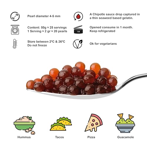 Chipotle Gourmet-Sauce-Perlen zum dressing oder zur dekoration, Glas 50g. Chipotle-Pfefferkügelchen in ihrem flüssigen Inneren zerplatzen im Mund, wenn man sie beißt. Würziger Geschmack mit rauchiger.