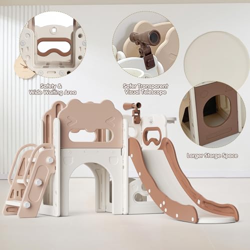 8 in 1 Toddler Slide Playset Indoor Playground,Kids Slide Outdoor Freestanding Climber with Telescope Basketball Hoop Tunnel Storage Space for Preschool
