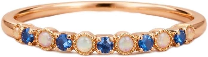 Rose Gold Opal & Blue Sapphire Band Ring Dainty Bezel Set Opal Stacking Jewelry Minimalist Birthstone Anniversary Promise Ring for Women Birthday Gift For Her