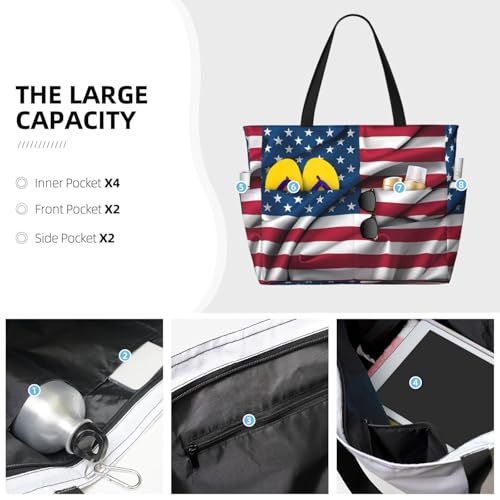 American Flag Print 28L Large Beach Tote Bag, 7 Pockets Waterproof Travel Shoulder Bag, Gym Oversized Tote3