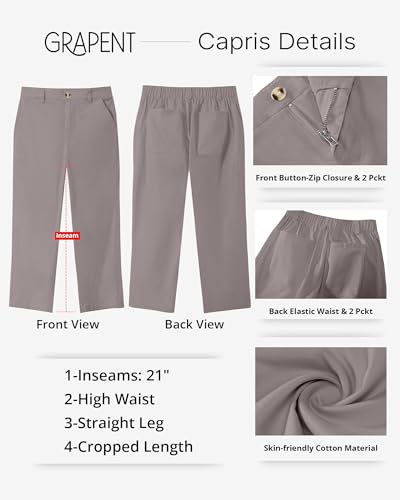 GRAPENT Capri Pants for Women Summer High Waisted Cotton Elastic Waist Dressy Casual Office Work Capris Trousers Pants3