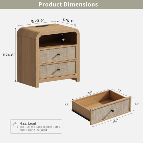 Image of Oak&Sparrow 2 Drawer Tall Dresser for Bedroom, 23.6'' Rattan Dresser with Ample Storage, Boho Chest of Drawers, Thickened Curved Profile Design, Oak Dressers for Bedroom, Living Room
