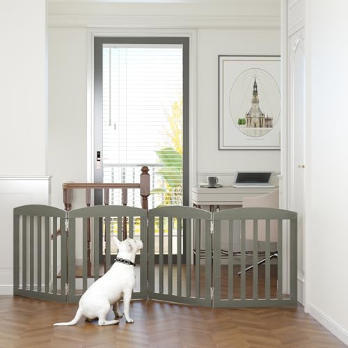 SPIRICH 96\" Extra Wide 28\" Tall Wooden Freestanding Foldable Dog Gate, Pet Gate Indoor, Dog Gates for Doorways, Stairs, The House, Step Over Puppy Gate, 4 Panels, Grey