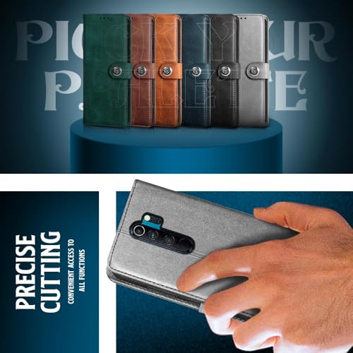 Image of WOW IMAGINE Shock Proof Flip Cover Back Case for Mi Redmi Note 8 Pro (Magnetic Button Flip Case | Wallet Pockets & Stand | Leather Finish | Stone Grey)