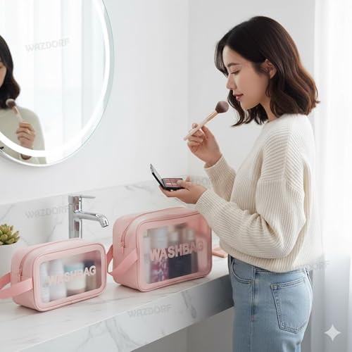 Image of Wazdorf Clear PVC Makeup Pouch Set of 3 for Women & Girls | Waterproof Cosmetic Organizer Bags | Travel Toiletry Bag, Wash Bag, Portable Makeup Storage Case, Bathroom & Travel Accessories(Pink -3 Pcs)