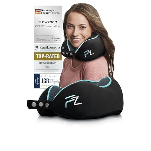 FLOWZOOM Comfy Oreiller de Voyage en Mousse à Mémoire de Forme pour Avion et Voiture – Coussin pour Avion Réglable, Soutien à 360°, Housse en Peluche Lavable et Pochette de Transport – Noir