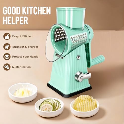 Image of Rotary Cheese Grater with 5 Well-designed Blades & Strong Suction Base, Kitchen Mandoline Vegetable Slicer with Blade Storage Box (Aqua)