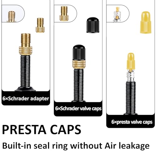 Image of Brass Presta Valve Adaptor (Pack of 6 + 12 Caps), Brass Prestas Valve Adapters and Bike Tire Caps - Convert Presta to Schrader for Bikes, Mountain Bikes, Road Bike and Cars