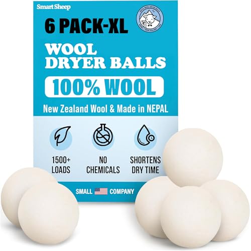Smart Sheep Wool Dryer Balls - 6-Pack - XL Premium Natural Fabric...