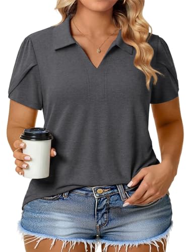 VISLILY Plus-Size-Summer-Tops for Women Casual Collared V Neck Polo Shirts Business Tunics Trendy Petal Short Sleeve Blouses2