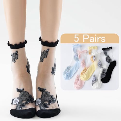 YFUNNLE Womens Sheer Socks, Summer Transparent Thin Mesh Lace See Through Ruffle Stylish Socks2
