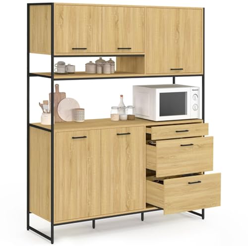 IDMarket - Buffet casserolier de Cuisine 140 cm Detroit 5 Portes + 3 tiroirs Design Industriel