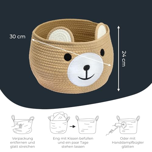 HMF Aufbewahrungskorb mit versteckten Griffen, Korb für Kinderzimmer aus Baumwolle | Bär | 30 x 24 cm | Honig