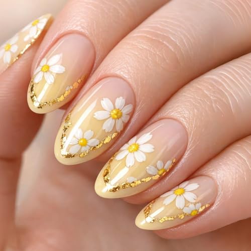 30Pcs Summer Daisy Press on Nails Short Almond Fake Nails
