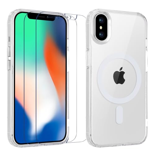 Yoedge Magnética Funda para iPhone X/XS 5.8’’ con 2 Piezas Cristal Templado Protector Pantalla, Transparente Carcasa Compatible con MagSafe, Antigolpes TPU Silicona Case para iPhone X/XS