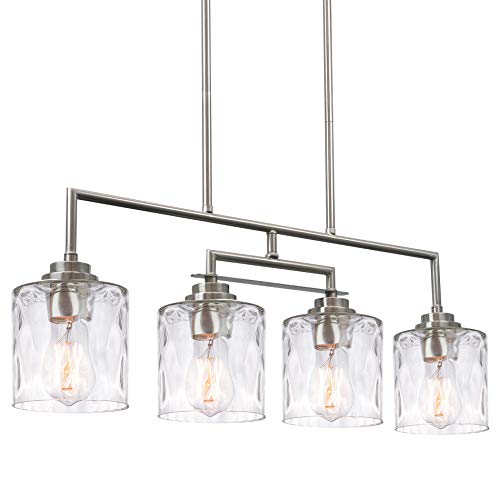 Kira Home Monroe 28" Modern 4-Light Island Light, Free Swinging Center Arm + Hammered Glass Shades, Adjustable Hanging Height, Brushed Nickel Finish #TOP6