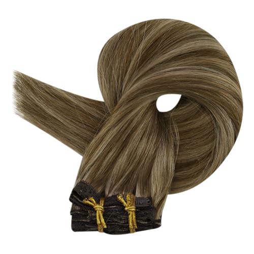 Image of Full Shine Real Hair Extensions Clip in Human Hair, Medium Brown to Blonde