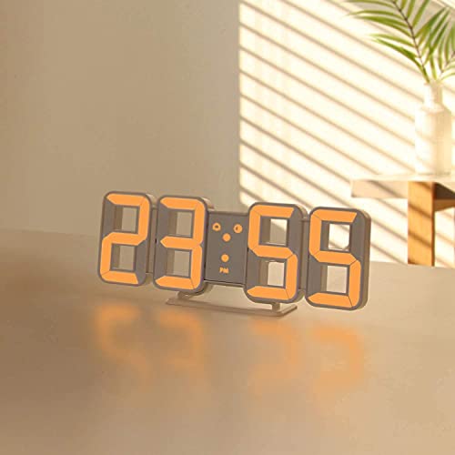 LEDデジタル目覚まし時計, 3D 目覚まし時計 LEDデジタルウォールクロックウォールLEDナンバータイムレコーダー、3つの明るさのスヌーズ機能付き (白い-オレンジ)