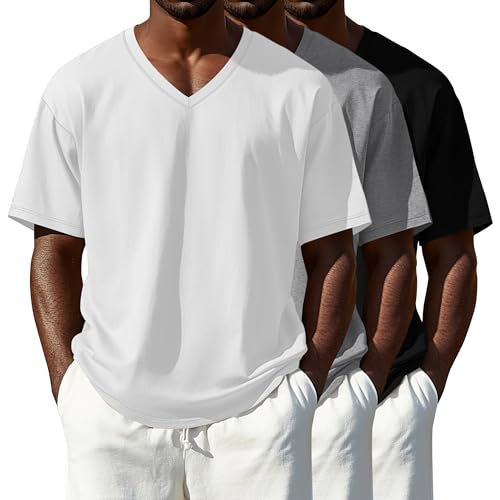 3 Pack Men's 95% Cotton Big and Tall Shirts V Neck L-5xl Plus Size Short Sleeve Soft Casual 2025 Summer Tee - Main Image