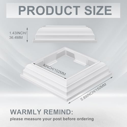 Thyle 4 Pcs True 4 x 4 Inch Vinyl Post Skirt All in One Post Base Cover Column Wraps for Porch Deck Base Vinyl Sleeve White Trim for Wood Hand and Stair Rails Decks, Fences, Mailboxes - Thumbnail 2