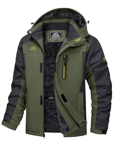 MAGCOMSEN Mens Ski Jacket Waterproof Insulated Winter Snowboarding Coats Thermal Fleece Lined Rain Jackets Outdoor Army Green, XL