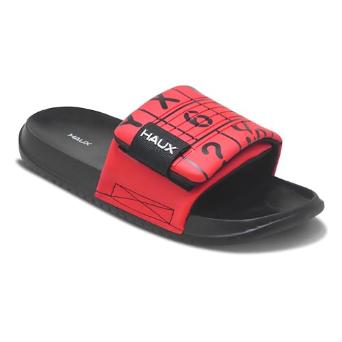 HAUX Stylish Men's Sliders – Comfortable Slip-On Sandals with Modern Look | Lightweight, Durable, and Comfortable Footwear for All-Day Wear (RED, UK Footwear Size System, Adult, Men, Numeric, Medium, 10)