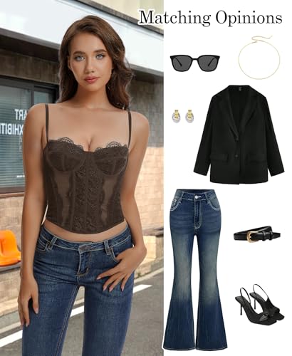Image of Lace Corset Tops for Women Sexy Going Out Bustier Top Sleeveless Adjustable Straps Crop Tops with Back Hooks