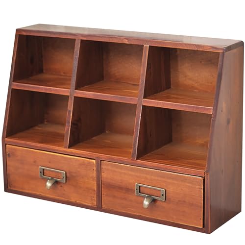 Desktop Mini Pigeon Hole Drawer Organizer - Vintage Farmhouse Wooden Shelves with 6 Compartments & 2 Drawers - Mahogany Wood Drawer Box Display Stand - Office Study Table Organizing Cabinet