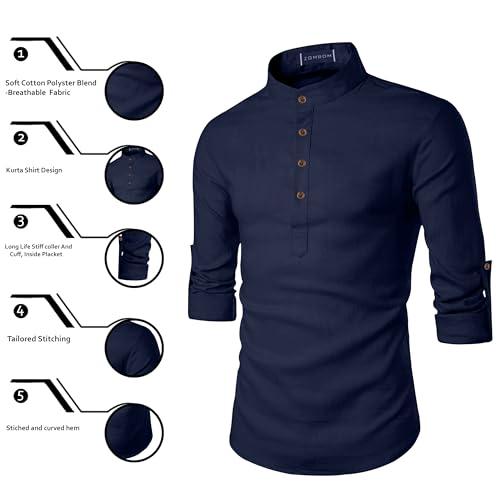 Image of Zombom Men's Cotton Blend Solid Casual Regular Fit Mandarin /Chinese Collor Short Full Sleeve Kurta for Men