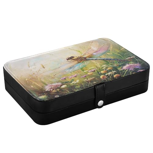 senya Dragonfly Leather Jewelry Box, Dragonfly Wings Wildflowers Necklace Ring Earrings Storage Organizer for Women Travel Jewelry Organizer