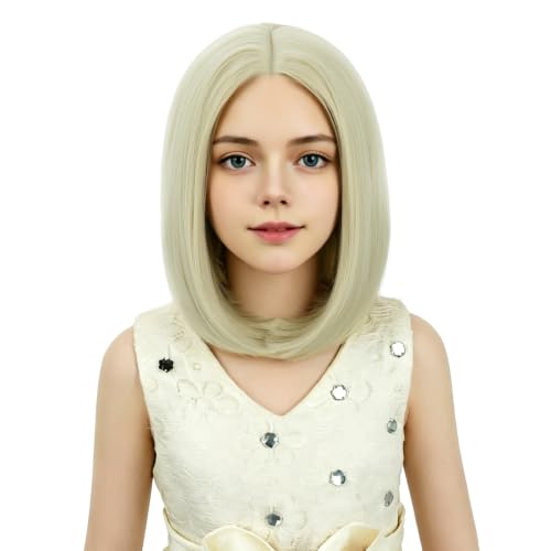 Image of Kids Blonde Wig Girls Grey Blonde Bob Wig Child Short Bob Wig Middle Part Wig for Kids Synthetic Wigs with Wig Cap