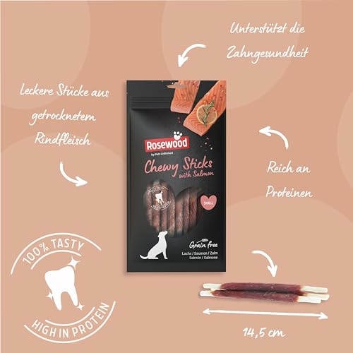 Rosewood Chewy Sticks Lachs Small – Kaustangen für Hunde mit Lachs, Rinderhautsnack, Rohhautsnack, unterstützt die Zahnpflege, ohne Getreide, ohne künstliche Zusatzstoffe, 72 g