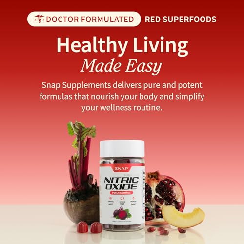 Image of Snap Supplements Nitric Oxide Beet Root Gummies Supplement with Organic Beets - Energy & Circulation Support, 60 Sugar-Free Gummies (30 Servings, 1 Month Supply), Peach