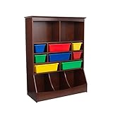 KidKraft Wooden Wall Storage Unit with 8 Plastic Bins and 13 Compartments, Espresso, Gift for Ages 3+