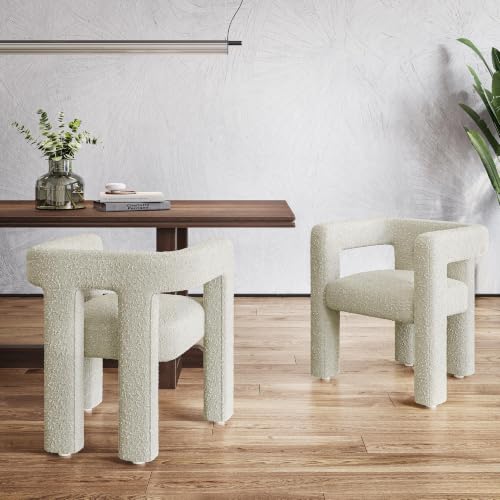 Image of BELLEZE Modern Boucle Barrel Dining Chair Set of 6, Upholstered Linen Kitchen Boucle Armchair with Sidearms and Back, for Dining Room Living Room- Cream