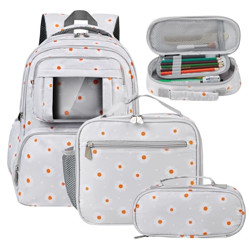 FYHMDC Kids Backpack for Girls,3Pcs Waterproof Toddler Backpacks with Lunch Box & Pencil Pouch - Lightweight School Backpack Purple Bookbag for Ages 3+ Elementary Middle School Teens - Grey Daisy