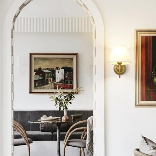 Image of Vintage Curved Arm Fabric Wall Sconce with Linen Cloth Shade, Hardwired Indoor Single Sconce Light Wall Mounted Lamp for Bedroom Living Room Stairs Hallway