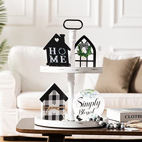 UBTKEY Farmhouse Two Tiered Tray Stand, 2 Tier Wooden Round Decorative Tray with Metal Handle for Rustic Home Kitchen Table Decor Seasonal Decorations (Distressed White)