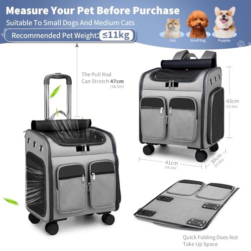 PETCUTE Katzenrucksack Hunderucksack mit Trolley 2 in 1 bis 11 kg,Faltbarer Hundetrolley mit 4 Rädern,Herausnehmbarer Matte,Multifunktionaler,Atmungsaktive Haustier-Reisetrage für Katzen und Welpen