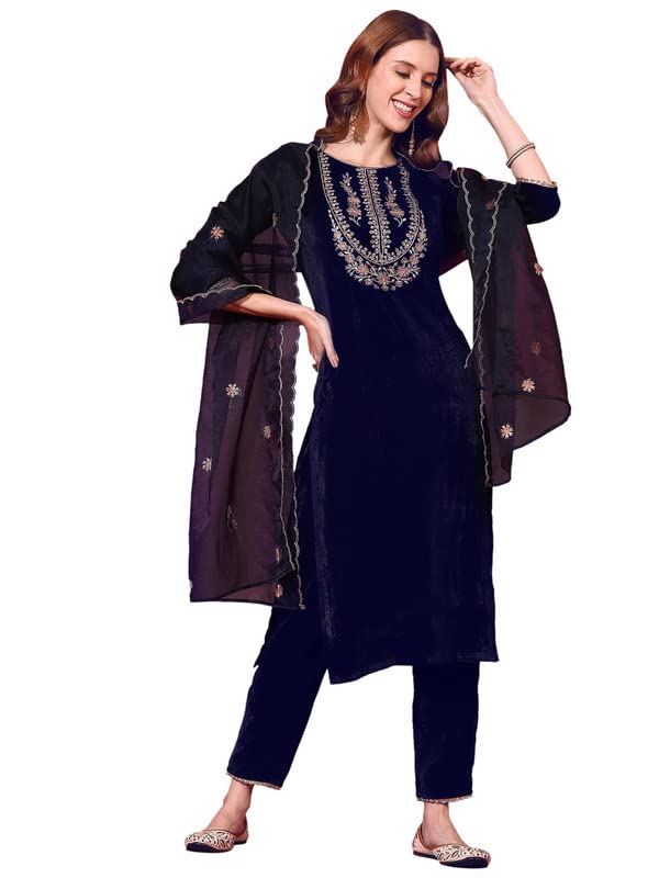 Image of SIRIL Women's Velvet Embroidery Straight Kurta Pant with Dupatta