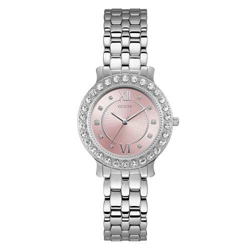 Image of GUESS Women Stainless Steel + Pink Dial Crystal Bracelet Analog Watch. Color: Silver-Tone (Model: U1062L2), Silver Band
