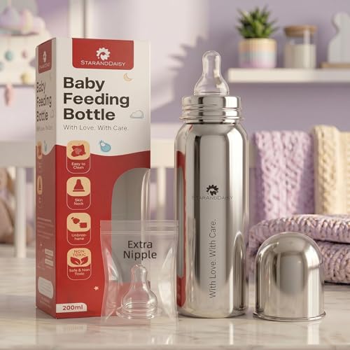 Image of StarAndDaisy Baby Milk Bottle for new Born /Infant /Toddler 200 ML SUS 304 Steel Baby Feeding Bottle for 0+ Months, BPA Free Leakproof Bottle, Anti Colic, Easy to Clean -Silver