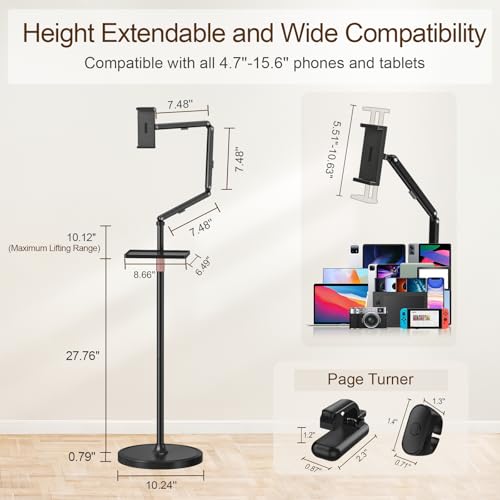 Image of Houele Tablet Floor Stand with Remote Page Turner, iPad Floor Stand Kindle Holder with Removable Tray for Bed, Height Adjustable Tablet Mount iPad Holder for 4.7 inch -15.6 inch Kindles iPads and Phones