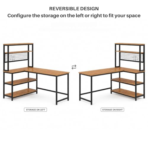Image of L Shaped Computer Desk with Bookshelf | Gaming Table with Storage Shelves, Metal Frame, Monitor Stand, Organizer Hooks | Wooden Study Table for Home, Office & Work from Home | DIY.