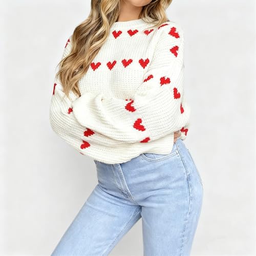 Image of Women Heart Print Sweaters Crewneck Loose Fit Knit Pullover Casual Sweater Tops