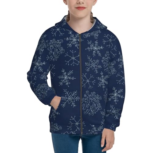 Snowflake Dark Blue Kids Pullover Hoodies Boys Zip Up Sweatshirts Girls Athletic Clothes with Pocket3