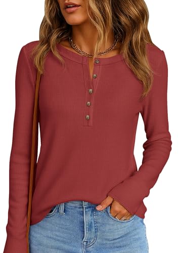 Image of PRETTYGARDEN Women's Long Sleeve Waffle Knit Henley Shirts Loose Tunic Tops