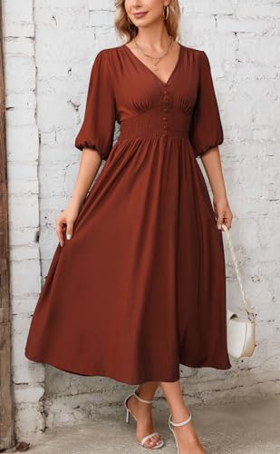 Image of Kormei Women Casual Boho V Neck 3 /4 Sleeve Smocked Waist A Line Flowy Swing Midi Dress Smocked Long Dress