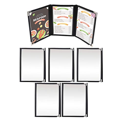 Porta Menù Ripiegabili A5 - Confezione 5 Cuciture Doppie Vinile Nero Trasparente Pieghevole Stile Menù Americano con Protezioni Angoli Acciaio Inossidabile Ristorante, Bar, Caffetterie